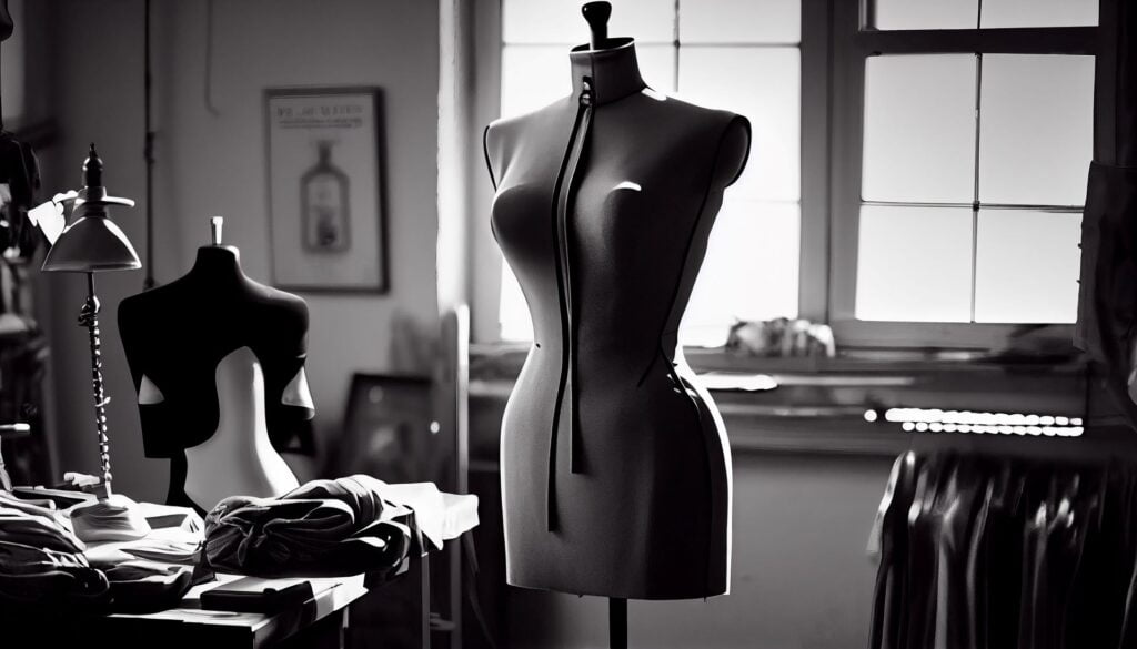 Monochrome image of an artistic mannequin in a room, highlighting designer fashion and clothing.