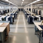 Clean and organized view of a working garment factory floor, suggesting transparency and ethical clothing production standards.