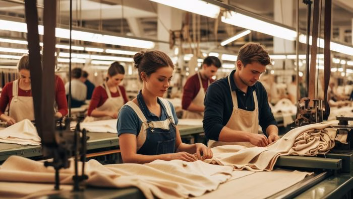 Symbolic red flag graphic overlaying a blurred image of a garment factory production line, representing warning signs for clothing brands.